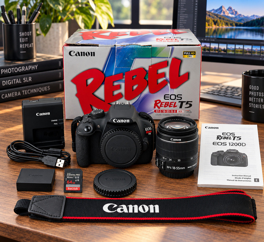 Canon EOS Rebel T5 DSLR Camera 18MP w/18-55mm Lens Box 64GB Tested